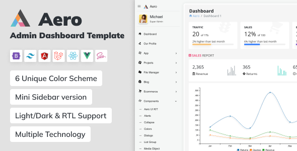 Aero - Bootstrap, Tailwind CSS, Laravel, Angular, ReactJs, VueJs, Admin Dashboard Template
